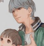  1girl 3838383 brown_eyes brown_hair child doujima_nanako grey_background grey_eyes grey_hair jacket narukami_yuu open_mouth persona persona_4 short_twintails simple_background title_drop twintails 