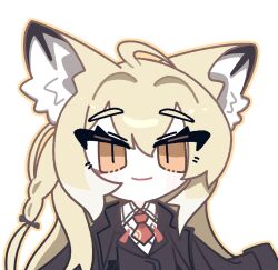  1girl absurdres amedrama animal_ear_fluff animal_ears arknights black_jacket blonde_hair chibi chibi_only closed_mouth commentary_request commission fox_ears fox_girl highres jacket korean_commentary long_sleeves looking_at_viewer necktie orange_eyes outline red_necktie short_necktie simple_background slit_pupils solo upper_body vulpisfoglia_(arknights) white_background yellow_outline 