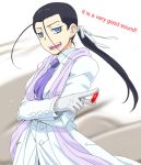  antenna_hair between_fingers black_hair blue_eyes female formal fullmetal_alchemist genderswap gloves kagezakura long_hair ntm philosopher&#039;s_stone philosopher's_stone ponytail scarf solf_j_kimblee solo spoilers suit white_gloves white_suit 