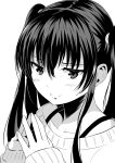  attsun_(atsushi_jb) hands highres monochrome original simple_background smile smirk solo steepled_fingers twintails 