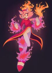  1girl blaze_the_cat burning_blaze coat coattails commentary english_commentary fangs fiery_hair fiery_tail fire flaming_hand forehead_jewel full_body gloves highres jacket minxinq pants pink_coat pink_footwear pink_fur ponytail red_jacket solo sonic_(series) sonic_rush tail white_gloves white_pants yellow_eyes 
