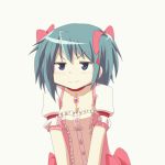  alternate_hairstyle animated animated_gif blue_eyes blue_hair blush bouncing_breasts bow breasts choker cleavage collarbone cosplay gloves hair_bow hangaku kaname_madoka kaname_madoka_(cosplay) mahou_shoujo_madoka_magica miki_sayaka open_mouth solo twintails white_background white_gloves wink 
