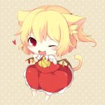  :3 animal_ears arms_up ascot blonde_hair blush cat_ears cat_tail chibi fang flandre_scarlet fuyu-nagi heart kemonomimi_mode no_hat no_headwear open_mouth red_eyes shirt short_hair side_ponytail skirt skirt_set smile solo tail the_embodiment_of_scarlet_devil touhou wings wink 
