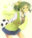  arms_behind_back ball cardigan character_name green_eyes green_hair midorikawa_nao ponytail precure school_uniform segawa_(azmch) short_hair skirt sleeves_rolled_up smile smile_precure! soccer_ball solo sweater_vest 