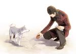  aragaki_shinjirou beanie brown_hair dog food hat hitaki koromaru persona persona_3 red_eyes simple_background trench_coat 