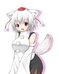  animal_ears bare_shoulders breasts detached_sleeves garasuita hat inubashiri_momiji open_mouth red_eyes short_hair simple_background skirt smile solo tail tokin_hat touhou white_hair wolf_ears wolf_tail 