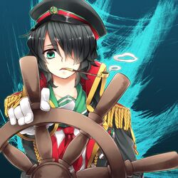  aqua_eyes black_hair hair_over_one_eye hat kiseru lowres murasa_minamitsu pipe sailor_hat sayuma short_hair smoke_ring smoke_rings solo touhou wheel 