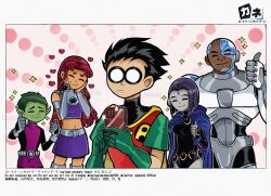  2girls 3boys beast_boy_(dc) black_hair cape cellphone closed_eyes colored_skin cyborg cyborg_(dc) danishi dark-skinned_male dark_skin dc_comics domino_mask english_commentary forehead_jewel gloves green_hair green_skin grey_skin hands_on_own_cheeks hands_on_own_face heart highres holding holding_phone leotard long_hair mask midriff multiple_boys multiple_girls navel o_o orange_skin phone raven_(dc) robin_(dc) short_hair single_mechanical_eye sleeved_leotard smartphone smile sparkle starfire superhero_costume taking_picture tamaranean teen_titans thumbs_up 