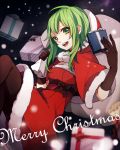  black_gloves black_legwear capelet christmas dress fur_trim gift gloves green_eyes green_hair gumi hood looking_at_viewer merry_christmas open_mouth pantyhose red_dress sack santa_costume short_hair smile solo tama_(songe) vocaloid 
