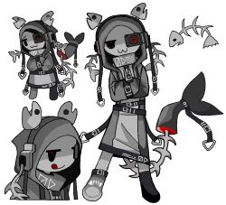  1other :3 :q ambiguous_gender black_eyes closed_mouth coat colored_skin commentary english_commentary fish_skeleton grey_coat grey_skin hood hood_up hooded_coat kalawakan long_sleeves original personification shaded_face simple_background tail tongue tongue_out white_background 
