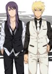  alternate_costume black_eyes black_hair blonde_hair expressionless flynn_scifo formal hand_holding hand_in_pocket hand_on_hip hands hips holding_hands long_hair male multiple_boys necktie su_(113232) suit tales_of_(series) tales_of_vesperia yuri_lowell 