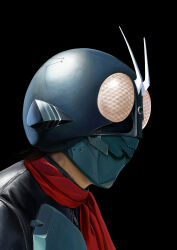  1boy absurdres antennae armor armored_bodysuit black_background black_bodysuit bodysuit bug commentary compound_eyes gattyo glowing glowing_eyes grasshopper green_armor green_helmet helmet highres kamen_rider kamen_rider_1_(shin) leather_suit looking_to_the_side male_focus portrait red_eyes red_scarf scarf shin_kamen_rider short_hair simple_background solo tokusatsu zipper 