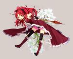  boots bow dress flower hair_bow highres lily_(flower) magical_girl mahou_shoujo_madoka_magica polearm red_eyes red_hair redhead sakura_kyouko sne solo spear thigh-highs thighhighs weapon 