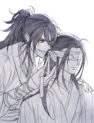  2boys blindfold chinese_clothes hand_on_another's_shoulder hanfu high_ponytail highres korean_commentary long_hair looking_at_another male_focus modao_zushi monochrome multiple_boys open_mouth pg_pargon smile upper_body xiao_xingchen xue_yang 