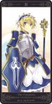  angel_wings armor armored_dress belt blonde_hair blue_eyes crossdressinging flynn_scifo frills frown maid_headdress male motoko_(ambiy) rounded_corners scepter shield solo tales_of_(series) tales_of_vesperia tarot the_empress white_background wings 