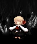  ascot black_background black_skirt blonde_hair blush child closed_eyes cocozasa dark eyes_closed hair_ribbon highres open_mouth outstretched_arms ribbon rumia safety_pin shirt short_hair skirt skirt_set solo the_embodiment_of_scarlet_devil touhou youkai 