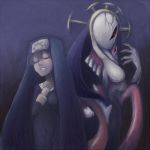  1girl blonde_hair breasts cross double_(skullgirls) dual_persona eyes_closed nun open_mouth skullgirls smile solo zairusibetto 