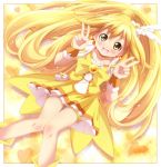  ayase_midori blonde_hair blush cure_peace double_v dress kise_yayoi long_hair magical_girl ponytail precure shorts_under_skirt skirt smile_precure! solo v yellow yellow_background yellow_dress yellow_eyes 