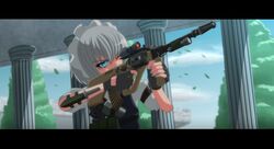  1girl anime_coloring assault_rifle blue_eyes bullpup column fingerless_gloves gloves grey_hair gun highres izayoi_sakuya knife laser_sight leaf letterboxed maid maid_headdress pillar pistol rifle solo steyr_aug tomon_(slash0410) touhou tree vertical_foregrip weapon wink 