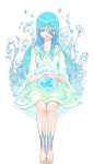  1girl aqua_hair barefoot blue_eyes blue_hair kurosawa_tomo long_hair original simple_background sitting smile solo water white_background 