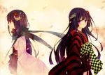  flower hair_flower hair_ornament hakama_skirt horns inu_x_boku_ss japanese_clothes kimono long_hair miko obi petals pink_eyes purple_hair scarf shirakiin_ririchiyo shirase shirase_(azure) 