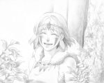  2nakajo7 circlet cloak closed_eyes earrings facial_mark greyscale jewelry monochrome mononoke_hime plant san short_hair smile solo studio_ghibli 