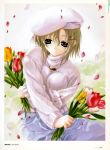  absurdres beret breasts flower hat highres miwa_yoshikazu original petals short_hair solo sweater tulip 