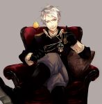  aiguillette alternate_eye_color animal armchair axis_powers_hetalia badge bird black_gloves boots chair chick crossed_legs cushion gloves grey_background iron_cross male military military_uniform pants pillow prussia_(hetalia) purple_eyes red_eyes silver_hair simple_background sitting smile smug solo tktk_k uniform whip white_hair 