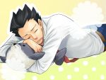  black_hair capcom closed_eyes eyes_closed flower gyakuten_saiban head_rest long_sleeves lying male naruhodou_ryuuichi necktie on_stomach open_mouth outline pants sabota seal sleeping solo spiked_hair spiky_hair stuffed_animal stuffed_toy whiskers 