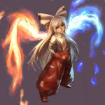  asymmetrical_wings blue_fire bow fire flame fujiwara_no_mokou full_body hair_bow hands_in_pockets inishie_kumo long_hair pants red_eyes shirt silver_hair smile solo suspenders touhou very_long_hair wings 