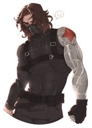  1boy belt belt_pouch black_belt black_gloves black_pants brown_hair captain_america:_the_winter_soldier captain_america_(series) chest_harness clenched_hand commentary cropped_legs duckiegrumpy fingerless_gloves glaring gloves harness highres james_buchanan_barnes male_focus marvel marvel_cinematic_universe marvel_rivals mask messy_hair pants pouch prosthesis prosthetic_arm simple_background single_glove small_sweatdrop smile solo speech_bubble star_(symbol) sweat white_background 