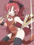  breasts chain chains china_dress chinese_clothes cleavage cleavage_cutout fang gem hips long_hair looking_at_viewer mahou_shoujo_madoka_magica naitou_kouse no_nose no_panties open_mouth red_eyes red_hair redhead sakura_kyouko simple_background solo thigh-highs thighhighs thighs wrist_cuffs 