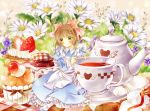  brown_hair cake card_captor_sakura cardcaptor_sakura child cup cupcake dress flower food green_eyes kinomoto_sakura minigirl puu_(kari---ume) short_hair solo teacup teapot 