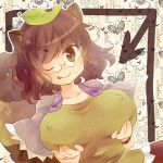  animal_ears breast_hold breasts brown_eyes brown_hair bust directional_arrow erect_nipples futatsuiwa_mamizou glasses large_breasts leaf leaf_on_head pince-nez raccoon_ears raccoon_tail sen1986 short_hair solo tail tongue tongue_out touhou wink 