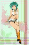  1girl aquarion_(series) aquarion_evol artist_request bare_shoulders boots breasts cleavage cleavage_cutout flower green_hair highres looking_at_viewer midriff navel purple_eyes short_hair short_shorts shorts sitting violet_eyes zessica_wong 