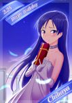  bare_shoulders birthday blue_hair blush brown_eyes dress elbow_gloves feathers gloves idolmaster kisaragi_chihaya long_hair murakumo1987 smile solo 