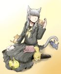  ^_^ animal_ears animalization braid cat cat_ears cat_tail closed_eyes crossdressinging eyes_closed grey_hair kemonomimi_mode long_skirt male narukami_yuu neckerchief pantyhose persona persona_4 school_uniform sitting skirt smile solo t0kiwa tail too_many_cats touhou twin_braids wariza 