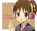  brown_eyes brown_hair happy_birthday headphones hirasawa_ui k-on! ponytail ryoutan school_uniform short_hair solo 