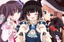  3girls :p blue_eyes blush commentary_request detached_sleeves earrings fingernails gloves grin hair_ornament hat heterochromia highres jewelry lapis_lazuline long_hair looking_at_viewer mahou_shoujo_ikusei_keikaku mahou_shoujo_ikusei_keikaku_aces mahou_shoujo_ikusei_keikaku_limited medium_hair multiple_girls nakano_sorami open_mouth orange_hair portrait red_eyes sakura_mochi_(kanade-8961-uriuri) simple_background smile tongue tongue_out top_speed twintails white_background witch_hat x_hair_ornament 