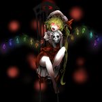  bare_legs barefoot blonde_hair chair flandre_scarlet glowing glowing_eyes glowing_wings hat hat_ribbon head_tilt koge-owl long_hair mary_janes open_mouth ribbon shoes side_ponytail single_shoe sitting skirt skirt_set skull solo the_embodiment_of_scarlet_devil touhou very_long_hair wings wrist_cuffs 