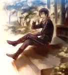  bad_id bandana black_hair boots can drink male mg_(3458) mouth_hold noragami outdoors shrine sitting solo squid stairs tree yato_(noragami) 