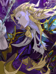  1boy blonde_hair character_name closed_mouth coat colored_eyelashes conductor_baton curly_hair elbow_gloves fate/grand_order fate_(series) from_side frown gloves green_eyes highres holding_baton long_hair long_sleeves looking_ahead male_focus purple_background purple_coat sidelocks simple_background solo staff_(music) suzuhi_(fullprayer) upper_body white_gloves wolfgang_amadeus_mozart_(fate) 
