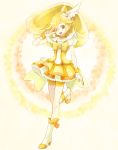  bad_id bike_shorts blonde_hair boots bow bowtie cako cako_asida choker cure_peace dress hair_ornament hairpin head_wings high_heels kise_yayoi long_hair magical_girl petticoat precure ribbon shoes shorts_under_skirt skirt smile smile_precure! solo v yellow yellow_background yellow_dress yellow_eyes 