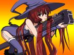  ass boots breasts cannon colored colorfag drawfag garter_straps gunner&#039;s_broom gunner's_broom hair_ribbon hat himuro_akari long_hair night_wizard on_stomach red_eyes red_hair redhead ribbon sideboob solo straddle strapless thigh-highs thighhighs very_long_hair weapon witch_hat 