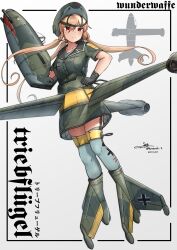  1girl absurdres aircraft airplane artist_name balkenkreuz black_gloves blonde_hair blue_thighhighs breasts commentary_request cross dated fighter_jet full_body garter_straps german_text gloves green_shirt green_skirt hand_on_own_hip highres long_hair looking_at_viewer luftwaffe mecha_musume medium_breasts military_vehicle miniskirt original personification red_eyes shirt short_sleeves signature simple_background skirt solo teisei_misagi thigh-highs triebfluegel vehicle_and_personification very_long_hair white_background world_war_ii zettai_ryouiki 