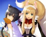  animal_ears black_hair blonde_hair catgirl chinese_dress cleavage maid rouna shaomei_rin shining_hearts tail taiyaki taka_tony 