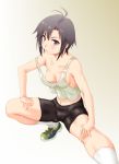  antenna_hair bike_shorts black_eyes black_hair breasts crop_top down_blouse idolmaster idolmaster_2 kesuida kikuchi kikuchi_makoto makoto midriff navel no_bra off_shoulder short_hair spandex strap_slip stretch sweat tomboy 