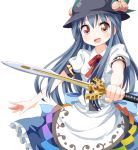  1girl :d blue_hair brown_eyes copyright_request food fruit hat hinanawi_tenshi holding long_hair looking_at_viewer open_mouth peach rakugakiyarou simple_background smile solo sword touhou weapon white_background 