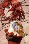  1girl bare_shoulders lips red_hair redhead solo tattoo watermark zhang_xiaobai 