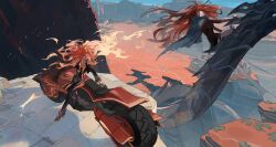  2girls absurdres ahoge biker_clothes bikesuit black_jacket blue_cloak blue_sky bodysuit chinese_commentary cloak closed_eyes closed_mouth creature cropped_jacket detached_collar detached_sleeves dress dual_persona earrings fire floating from_above from_side genshin_impact hair_between_eyes hair_floating_upwards high_collar high_heels highres hood hooded_cloak huahua_zhu jacket jewelry knee_pads leaning_back leaning_on_object leather leather_jacket leather_suit long_hair long_sleeves looking_down looking_to_the_side mavuika_(&quot;sunset&quot;)_(genshin_impact) mavuika_(genshin_impact) motor_vehicle multicolored_hair multiple_girls outdoors partially_unzipped red_eyes redhead riding shade shadow short_dress sky thigh_strap thighs wide_sleeves 